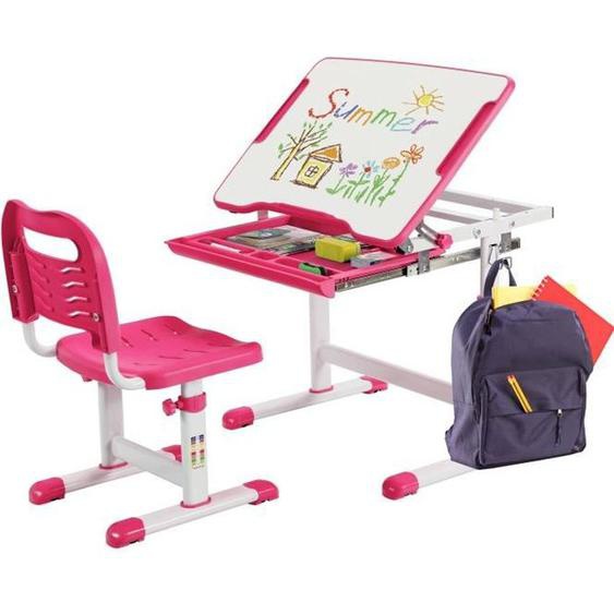 COSTWAY Ensemble Bureau Enfant Ergonomique Hauteur Réglable, Plateau Inclinable 0-45°, Tablette coulissante Multi-Rangement Rose