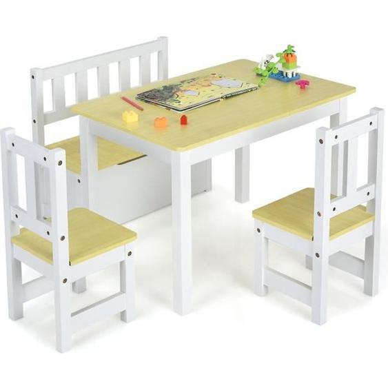 COSTWAY Ensemble de Table et Chaises pour Enfant,avec Table, 2 Chaises et Banc de Rangement 2 en 1,pour Étudier et Manger, Naturel