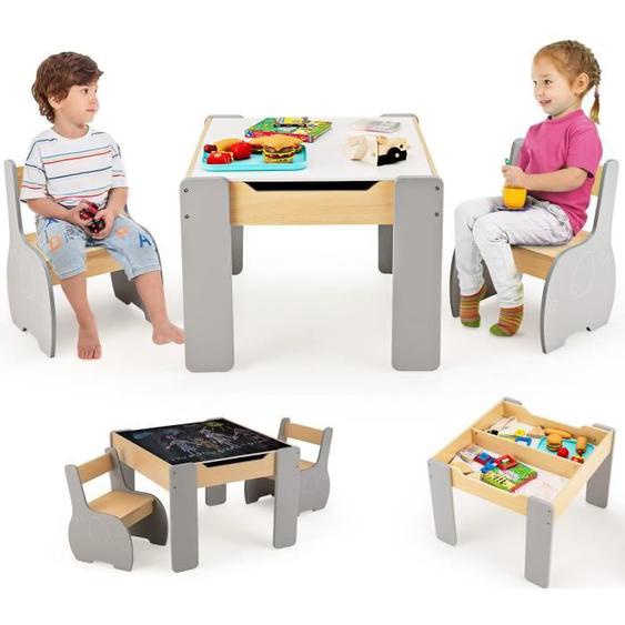 COSTWAY Ensemble Table et 2 Chaises 3 en 1 pour Enfant, Tableau 2 Face (Noir & Blanc ) avec Fonction de Stockage en Bois Girs