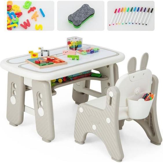 COSTWAY Ensemble Table et Chaise Enfant, 39 Accessoires - 2 Planches à Dessin Magnétique Effaçable, Étagère de Rangements, 1-12 ans