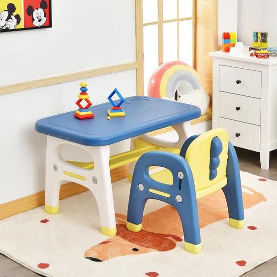 COSTWAY Ensemble Table et Chaise pour Enfants avec Décor Dinosaure Jeux de Construction Plateau de Rangement Plastique Bleu et Jaune