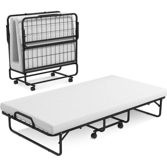 COSTWAY Lit d’Appoint - 4 Roues Universelles - Matelas en Mousse de 10CM - Charge 180KG - Lit Pliant 1 Personne pour Bureau Chambre