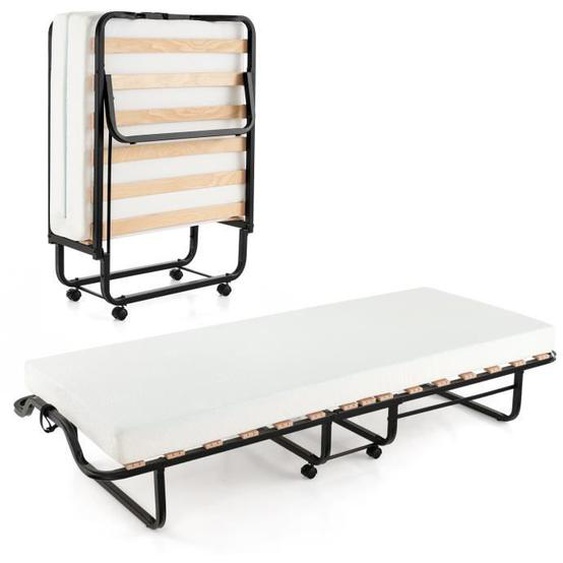 COSTWAY Lit d’Appoint à Roulettes 80x199 CM avec Matelas en Mousse Épaisseur 10CM, Lit Pliant 1 Personne avec 15 Lattes de Bois