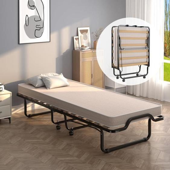 COSTWAY Lit dAppoint Pliable sur Roulettes - 80 x 200 CM - Lit Pliant - Matelas en Mousse 10 CM - 15 Lattes de Lit en Bois