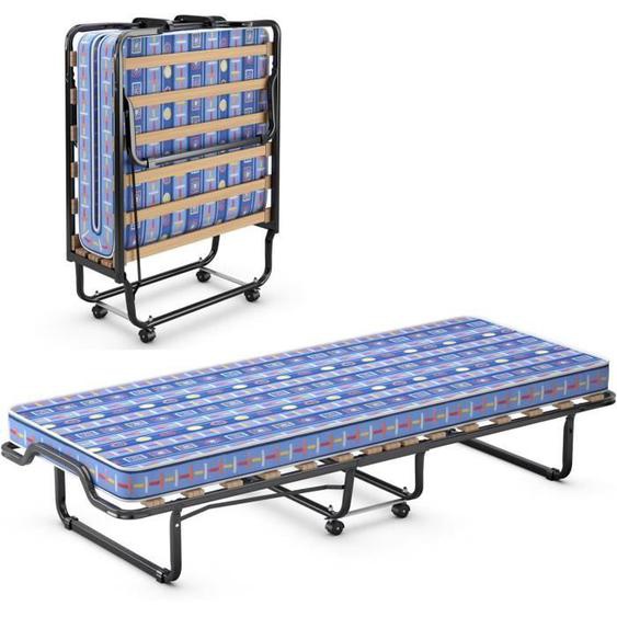 COSTWAY Lit dAppoint Pliable sur Roulettes - 80 x 200 CM - Lit Pliant - Matelas en Mousse 10 CM - 15 Lattes de Lit en Bois - Bleu