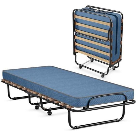 COSTWAY Lit Pliant sur Roulettes, 80 x 190 CM, Lit dAppoint avec Matelas en Mousse 6,5 CM pour Maison et Bureau, Bleu