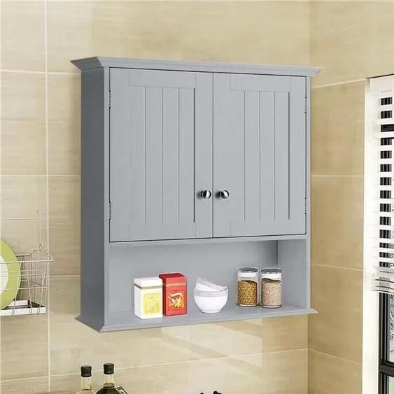 Costway Meuble De Salle De Bain Armoire Murale Avec 2 Portes Étagères Réglables Armoire À Pharmacie De Rangement 60x19x71cm Gris