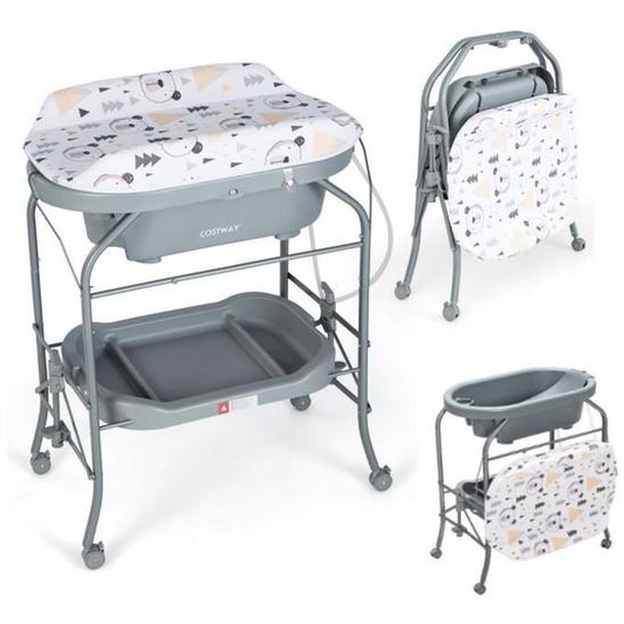 COSTWAY Table à Langer Bébé avec Baignoire 20L 4 en 1 Pliante 4 Roues,Tuyau 1m,Plateau de Rangement Coussin PVC Imperméable,35 Kg