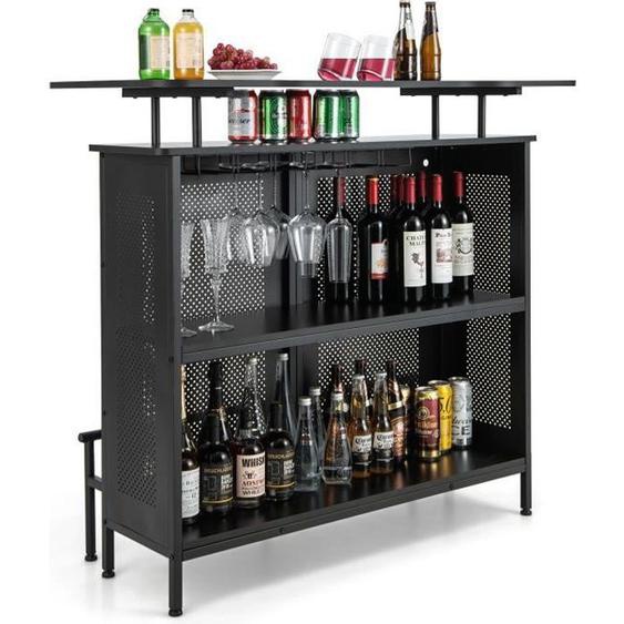 COSTWAY Table de Bar à Domicile avec 2 Étagères pour Vin et 6 Supports de Verres, Repose-pieds en Métal, 7 Pieds Réglables, Noir