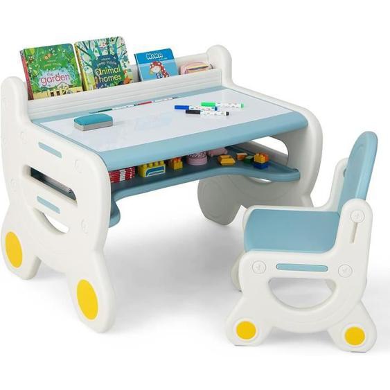 COSTWAY Table et Chaise pour Enfants à Dessin - 5 Stylos, Gomme, Espace de Rangement Caché 3-8 Ans Bleu