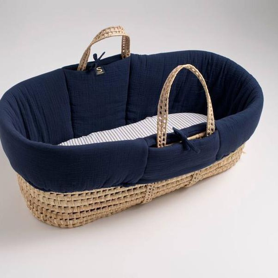 Couffin Bébé En Fibres Naturelles Avec Habillage Tissu En Coton Bleu Marine Bleu