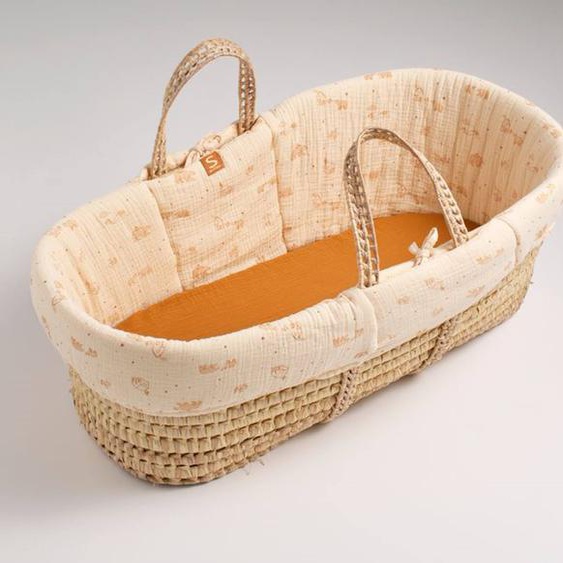 Couffin Bébé En Fibres Naturelles Avec Habillage Tissu En Coton Imprimé Beige