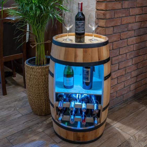 Creative Cooper Tonneau en bois LED avec étagère et casier à vin Meuble Rangement Bouteille Alcool 80cm Chêne