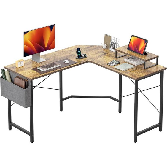 Cubiker Bureau Dangle Gaming En Forme L - 120*120 Cm Bureau Angle Dordinateur Gamer Informatique Avec Support Décran, Crochet Casque, Poche Rangement Latérale Pour Jouer, Travail, Domicile Marron