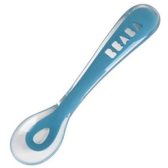 Cuillère 2ème Âge En Silicone - Beaba - Blue - Manche Adapté À La Main Denfant - Repose Cuillère Bleu