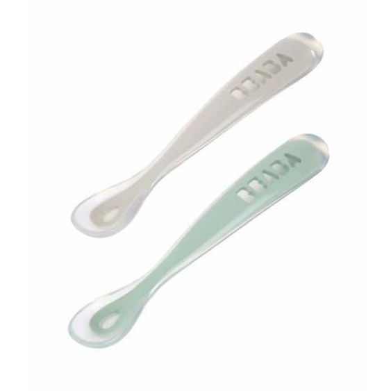 Cuillères 1er Âge Beaba - Lot De 2 - Embout Silicone Ultra Souple - Boite De Transport - Vert Et Gris Vert