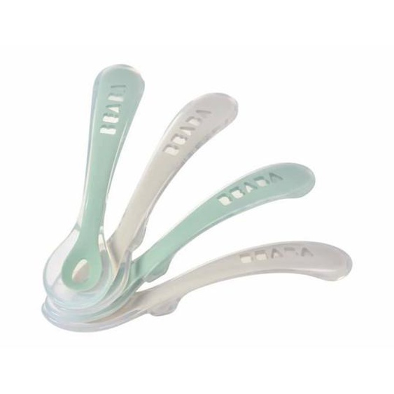 Cuillères Dapprentissage 2ème Âge En Silicone - Beaba - Lot De 4 - Vert Et Gris Vert