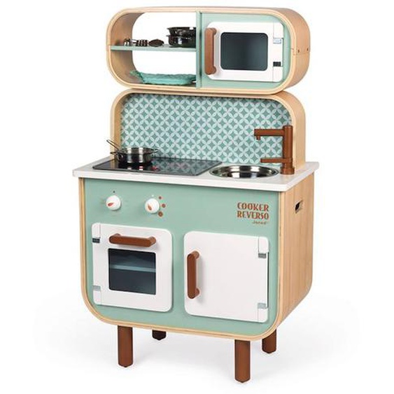 Cuisine Double Face Cooker Reverso En Bois Janod - Jouet Dimitation 2-en-1 Avec 8 Accessoires Vert