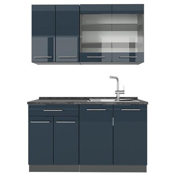 cuisine Fame-Line, 140 cm , PT Chêne, Bleu foncé brillant/Anthracite, Vicco