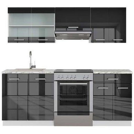 Cuisine Fame-Line, 200 cm , PT Marbre, Anthracite brillant/blanc, Vicco