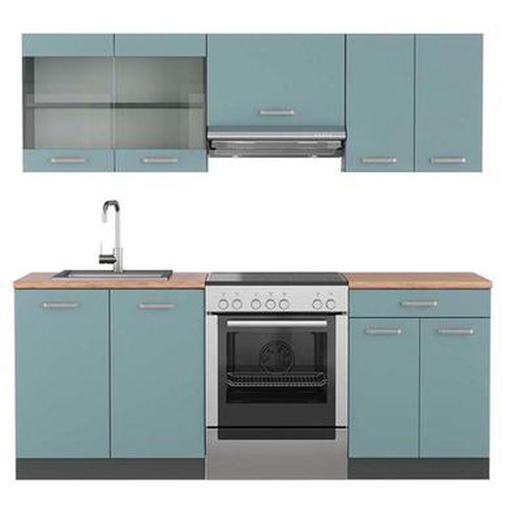 Cuisine R-Line, 200 cm , PT Chêne, Bleu-gris/anthracite, Vicco