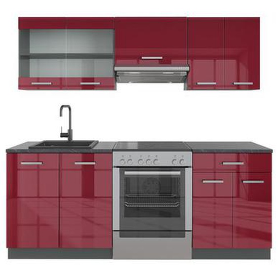 cuisine R-Line, 200 cm , PT Chêne, Bordeaux haute brillance/anthracite, Vicco