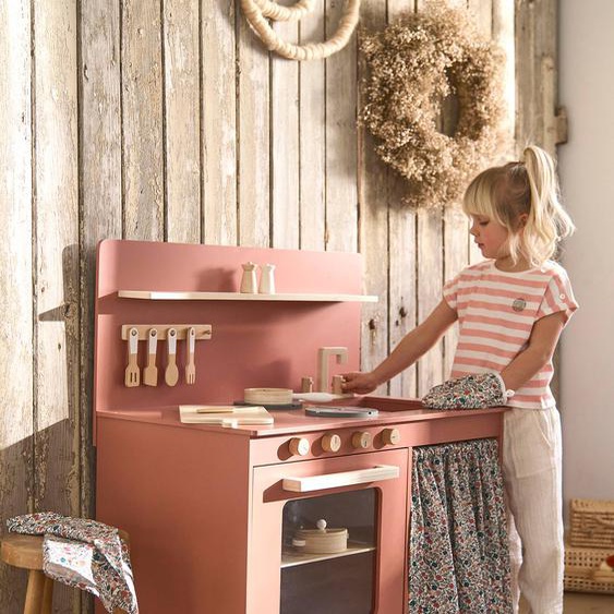 Cuisinette équipée avec rideau - en bois FSC® framboise