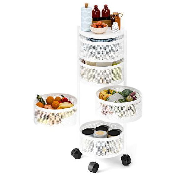 Desserte de cuisine à roulettes à 5 niveaux - Chariot de service en métal rond - Panier rotatif circulaire - BLANC - 30*30*90cm