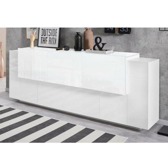 Dmora Placard Cesare, Buffet de cuisine avec 5 portes et 2 tiroirs, Buffet de salon, cm 220x45h86, Blanc brillant et mat