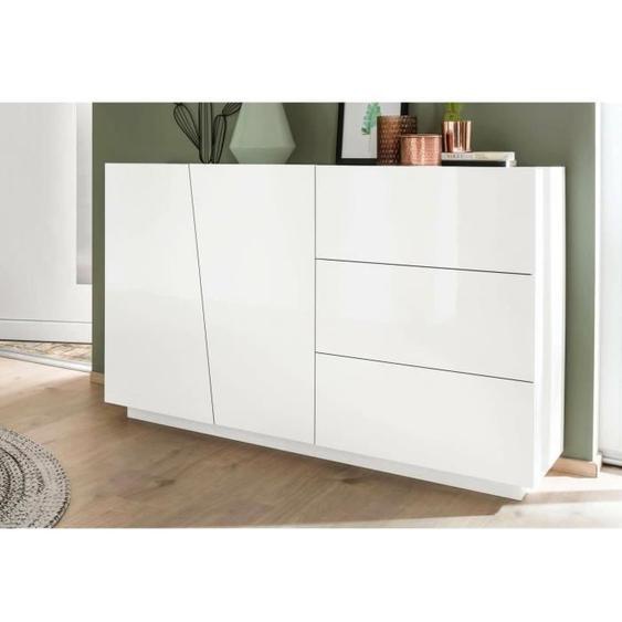 Dmora Placard Italo, Buffet de cuisine avec 2 portes et 3 tiroirs, Buffet de salon, 100% Made in Italy, 141x43h86 cm, Blanc brillant