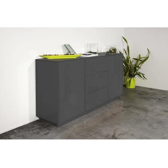 Dmora Placard Umberto, Buffet de cuisine avec 2 portes et 3 tiroirs, Buffet de salon, 160x41h86 cm, Anthracite Brillant