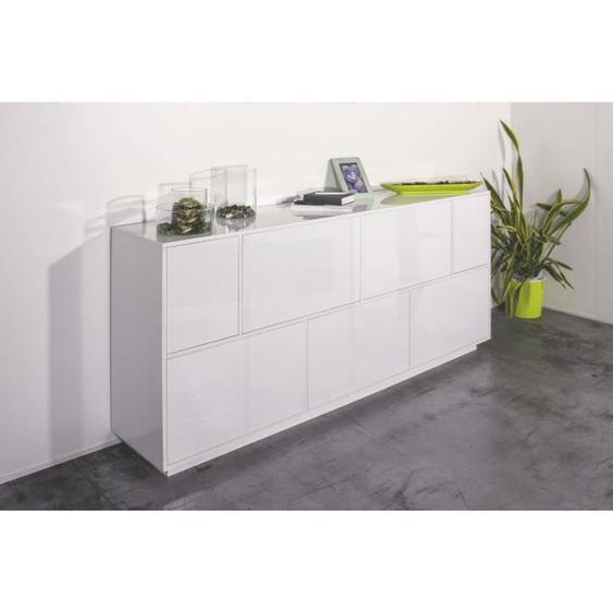 Dmora Placard Virginio, Buffet de cuisine à 7 portes, Buffet de salon, 100% Made in Italy, 200x41h86 cm, Blanc brillant