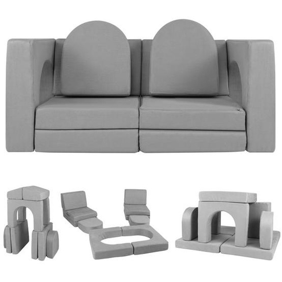 DREAMADE Canapé Modulable Enfants 8 PCS, Convertible avec Couverture en Tissu Daim, Mousse Haute Densité, Housses Lavables, Gris