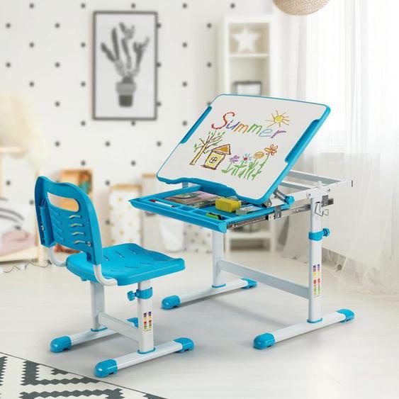 DREAMADE Ensemble Bureau et Chaise pour Enfants en Hauteur Réglable, Table d’Etude avec Tableau Inclinable et Tiroir, Bleu