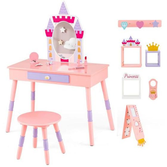 DREAMADE Ensemble Coiffeuse Enfants avec Tabouret, Support Mural avec 3 Crochets, 3 Casiers Murales, Croissance Toise, Rose