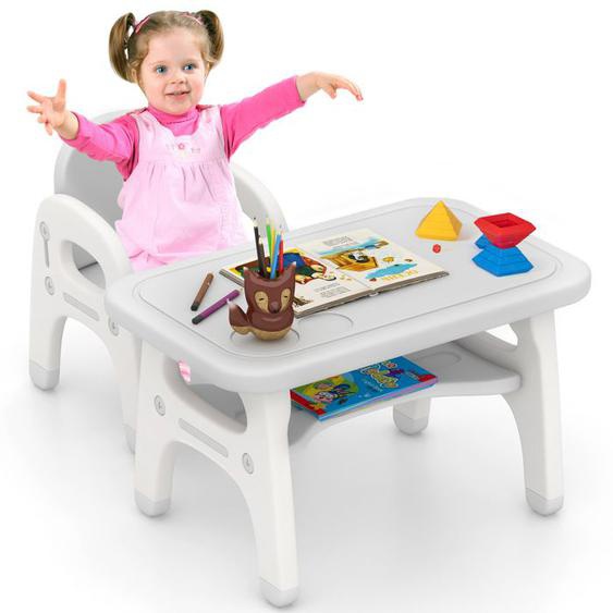 DREAMADE Ensemble Table et Chaise Dinosaure pour Enfants 1-5Ans avec Jeux de Construction et Plateau de Rangement Plastique, Gris