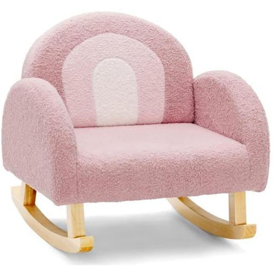 DREAMADE Fauteuil à Bascule Enfant en Velours Teddy avec Dossier Élargi, Pieds en Bois Massif, Anti-basculement, pour 3-5 Ans, Rose