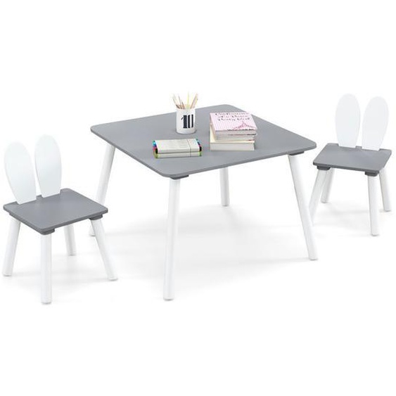 DREAMADE Table Enfants avec 2 Chaises à Oreilles de Lapin, Pieds en Bois Massif, Peu Encombrante, Charge 40KG, 3-6 Ans, Gris