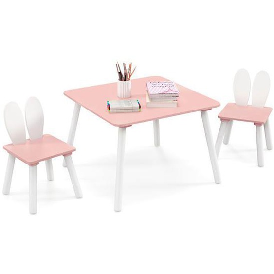 DREAMADE Table Enfants avec 2 Chaises à Oreilles de Lapin, Pieds en Bois Massif, Peu Encombrante, Charge 40KG, 3-6 Ans, Rose