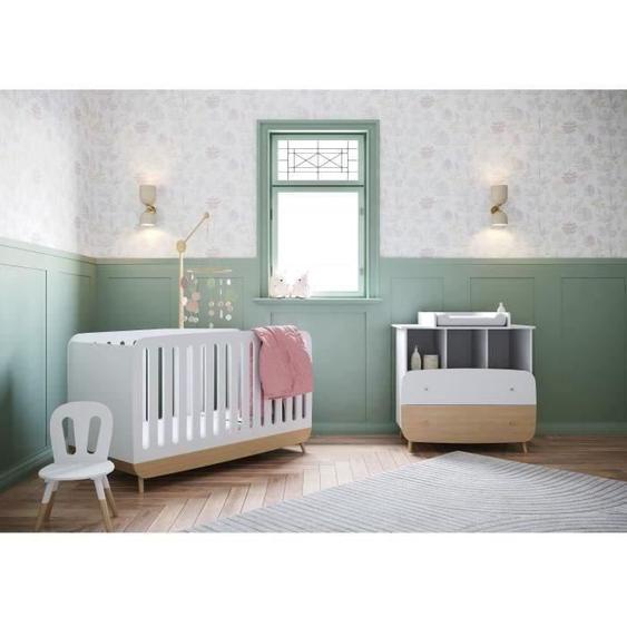 Ens. lit bébé 70 x 140 Kit évolutif, commode 2 tiroirs, 3 niches et 1 plan à langer - FIRMIANA - Scandinave - Blanc/bois - DEMEYERE