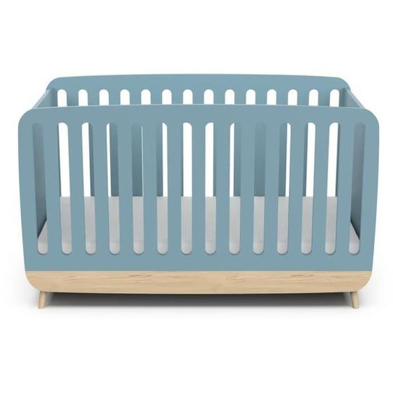 Ens. lit bébé 70 x 140 Kit évolutif, commode 2 tiroirs, 3 niches et 1 plan à langer - FIRMIANA - Scandinave - Bleu / bois -