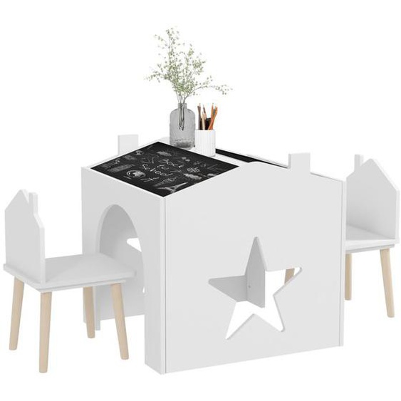 Ensemble 1 table et 2 chaise 3 pièces AIYAPLAY pour enfants avec plateau de tableau noir, MDF et pieds en pin, pour 3-8 ans, blanc