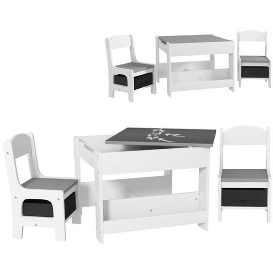 Ensemble 3 pièces table et 2 chaises HOMCOM pour enfant avec plateau table réversible tableau noir, panier de rangement, étagères