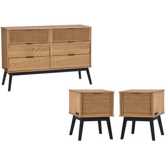 Bobochic - Ensemble ALBI avec commode 120 cm + lot de 2 chevets bois massif et rotin