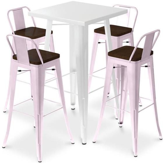 Ensemble Bistrot Metalix - Table de bar blanche + X4 tabourets de bar en acier - Design industriel - Rose pâle