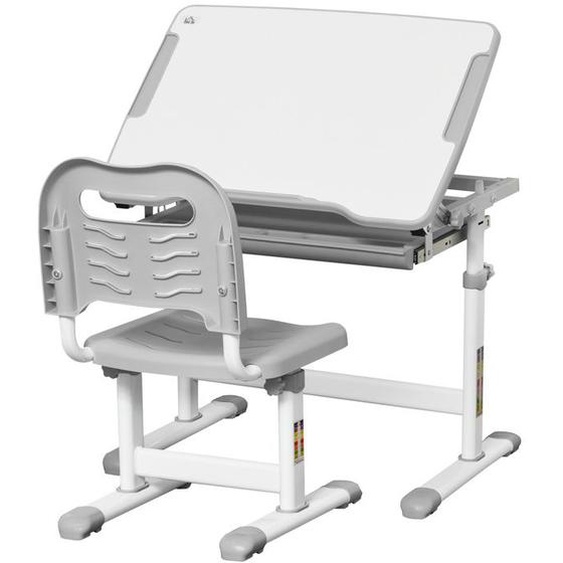 Ensemble bureau enfant avec chaise en acier - HOMCOM - hauteur réglable - Tablette coulissante, bureau inclinable 45° - gris blanc