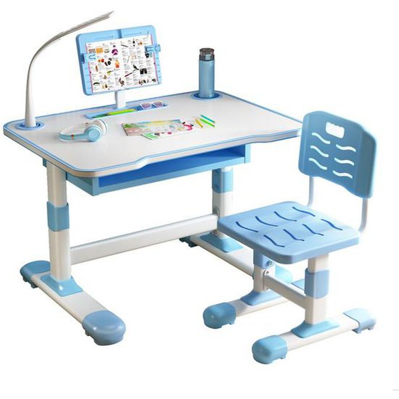 Ensemble Bureau et Chaise Enfant en Métal - BIPLUT - Rangement avec Grands Tiroirs - 73cm x 70cm x 46cm - BLUE