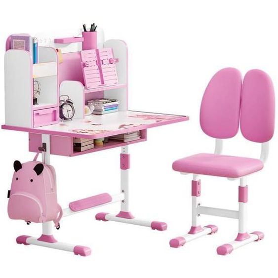 Ensemble bureau et chaise pour enfants,Table de dessin,Table détude avec Tiroir et Crochet, Hauteur réglable, Rose,115*80*51cm