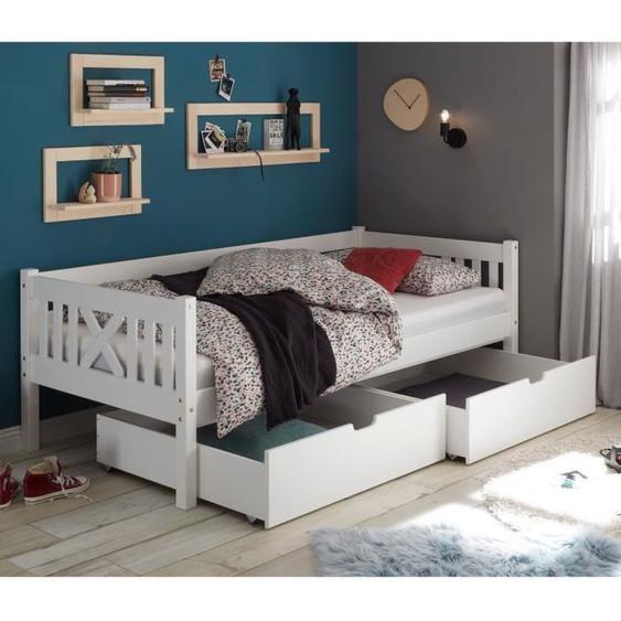 Ensemble de 2 tiroirs de lit - EMOB - pour lit banquette Trever et lit maison Leona - Blanc - Bois massif