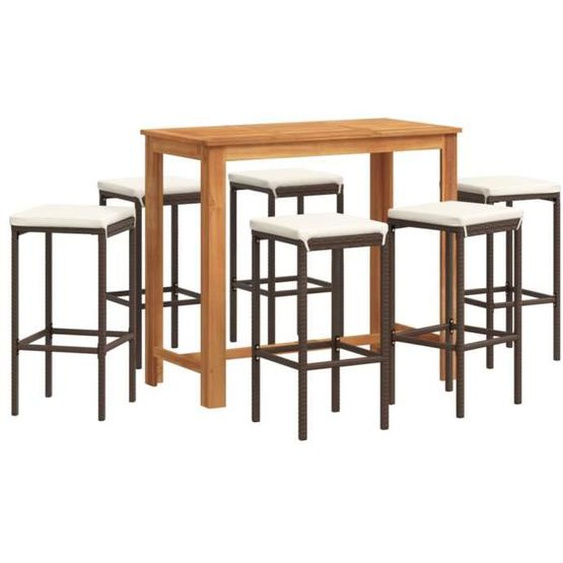 Ensemble de bar de jardin en bois massif acacia et résine tressée - Marron - 7 pcs